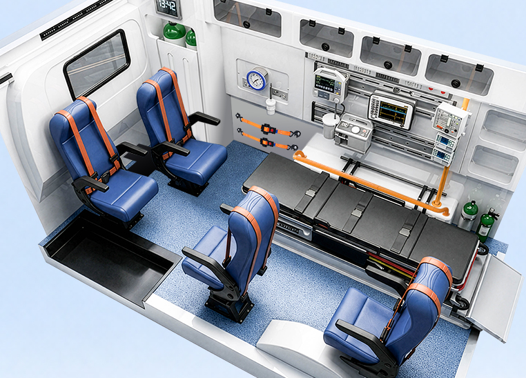 ห้องพยาบาล ABL-ED9-ALS แสดงเก้าอี้ 4 ตำแหน่ง เตียง และรางยึดเครื่องมือแพทย์